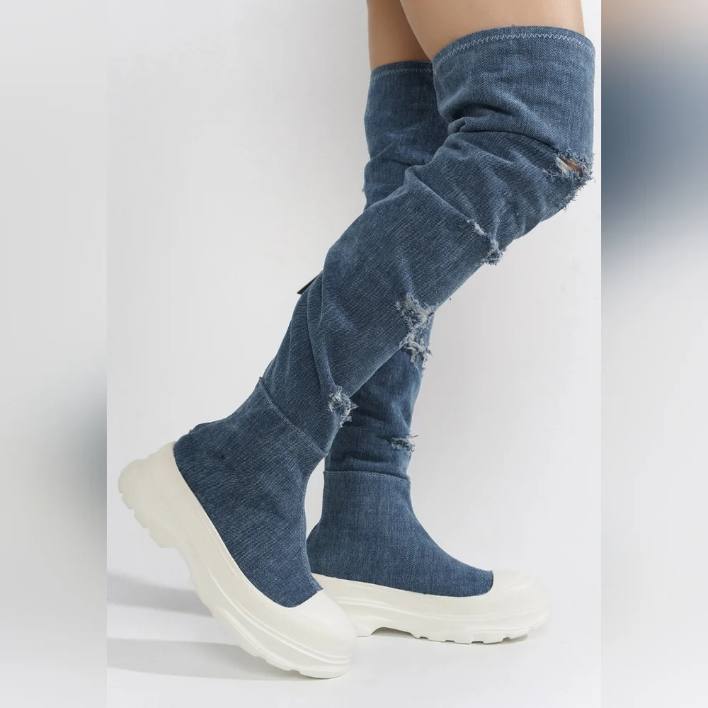 Cape Robbin Distressed Denim Blue Over-the-Knee Sock Boots with White Platform